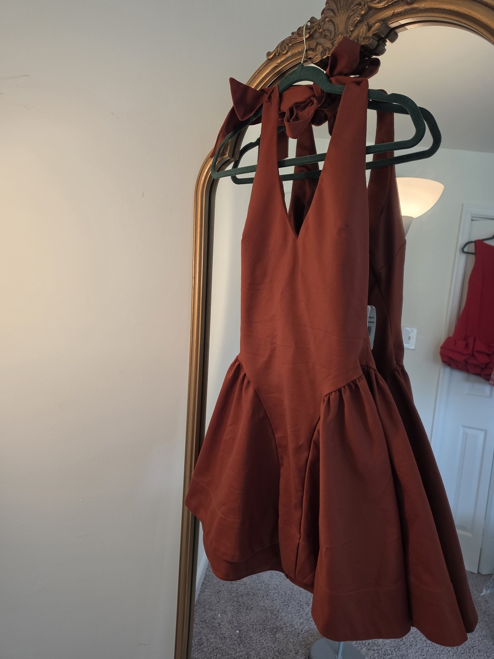 Rust Halter Fit-and-Flare Dress with Tie Neck